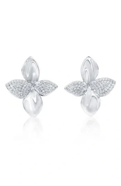 Suzy Levian Flower Petal Cubic Zirconia Stud Earrings In Metallic