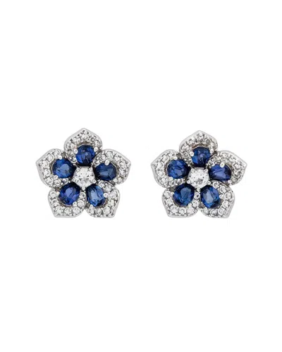 Suzy Levian Sterling Silver Pink Sapphire Created White Sapphire Petite Flower Earrings In Blue