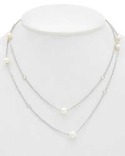 Suzy Levian Freshwater Pearl And White Sapphire Station Necklace In Silver