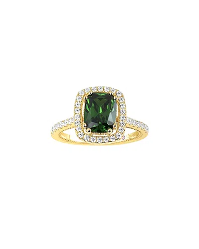 Suzy Levian Golden Sterling Silver Elongated Cushion Cut Green Cubic Zirconia Solitaire Engagement Ring