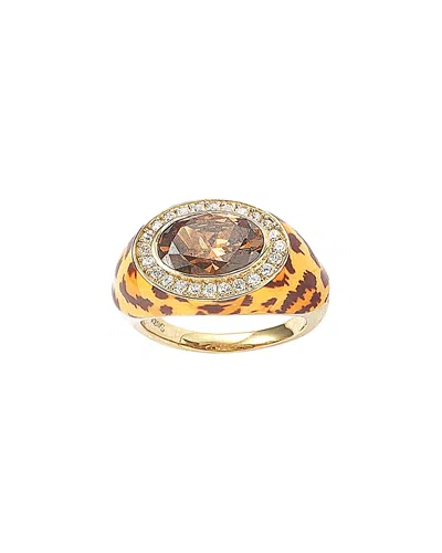 Suzy Levian Gold Plated Sterling Silver Oval Brown Cubic Zirconia Animal Print Ring