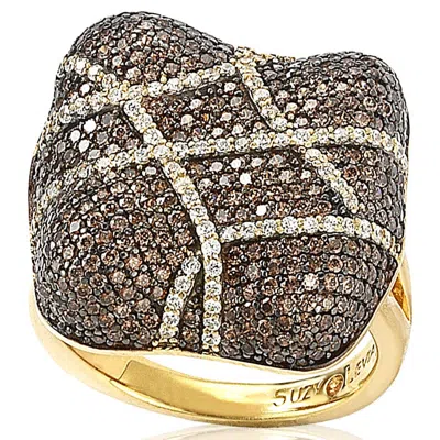 Suzy Levian Gold Plated Sterling Silver Brown Cubic Zirconia Crossover Micro Pave Cushion Anniversar
