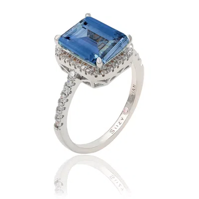 Suzy Levian Golden Sterling Silver Large Emerald-cut Green And White Cubic Zirconia Halo Ring In Blue
