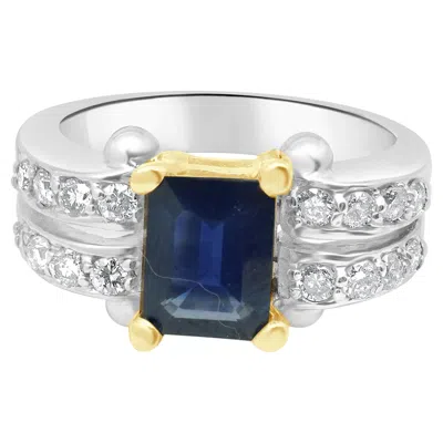 Pre-owned Suzy Levian Levian 14 Karat Two Tone Emerald Cut Sapphire And Diamond Ring In Green