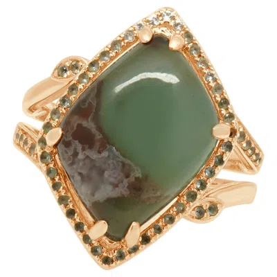 Pre-owned Suzy Levian Levian 14k Rose Gold Fancy Cabochon Cut Peacock Aquaprase And White Topaz Ring