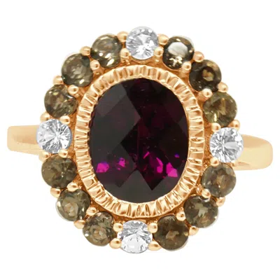 Pre-owned Suzy Levian Levian 14k Rose Gold Oval Checkerboard, Garnet, Quartz And Sapphire Halo Ring In Red