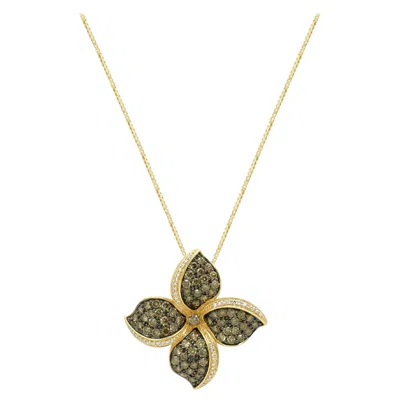Pre-owned Suzy Levian Levian 14k Yellow Gold Chocolate And White Diamond Flower Pendant Necklace 20.0"