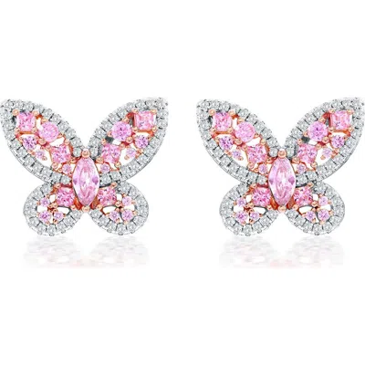 Suzy Levian Sterling Silver Gala White Cubic Zirconia Pave Butterfly Cluster Earrings In Pink
