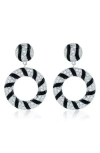 Suzy Levian Sterling Silver Pave White Cubic Zirconia Black Enamel Circle Drop Earrings
