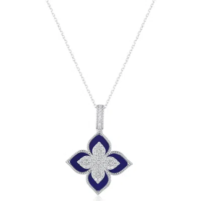 Suzy Levian Pavé Cubic Zirconia & Enamel Flower Pendant Necklace In Blue