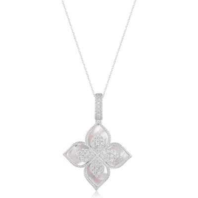 Suzy Levian Pavé Cubic Zirconia & Enamel Flower Pendant Necklace In Silver