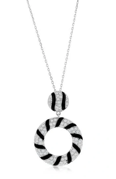 Suzy Levian Pavé Cubic Zirconia Black Enamel Circle Pendant Necklace