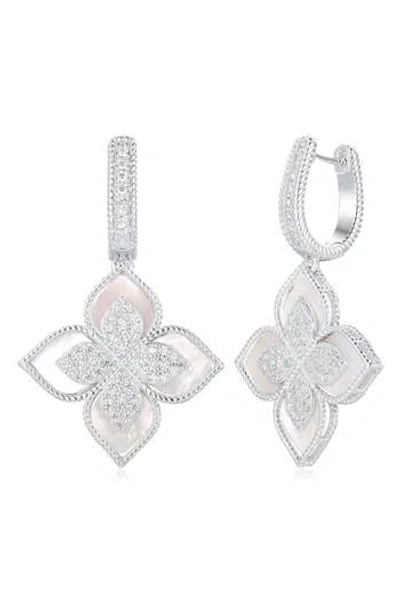 Suzy Levian Pavé Cubic Zirconia Floral Drop Huggie Hoop Earrings In White