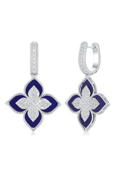 Suzy Levian Pavé Cubic Zirconia Floral Drop Huggie Hoop Earrings In Blue