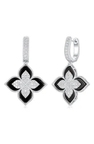 Suzy Levian Pavé Cubic Zirconia Floral Drop Huggie Hoop Earrings In Black
