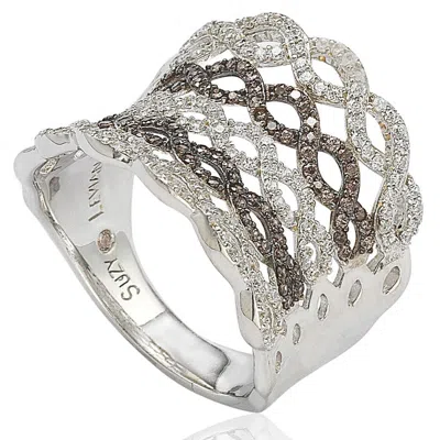 Suzy Levian Pave Cubic Zirconia Sterling Silver Criss-cross Brown Ring In Metallic