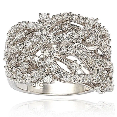 Suzy Levian Pave Cubic Zirconia Sterling Silver Pave Leaf Ring In Metallic