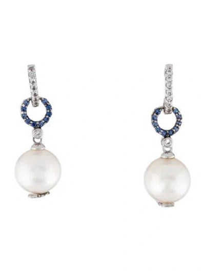 Pre-owned Suzy Levian Pearl & Synthetic Sapphire Drop Earrings In Multicolor