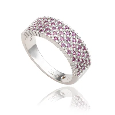 Suzy Levian Pink Sapphire And Diamond Accent In Sterling Silver Pave Half Band In Metallic