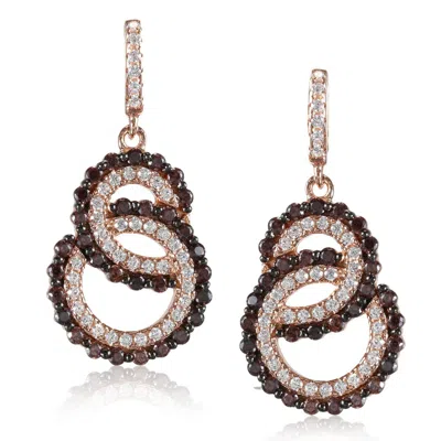 Suzy Levian Rose Sterling Silver Brown Cubic Zirconia Interlocked Double Loop Earrings In Black