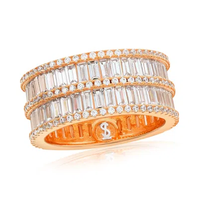 Suzy Levian Rose Sterling Silver Cubic Zirconia Double Row White Baguette And Round Cut Wide Eternity Band In Gold