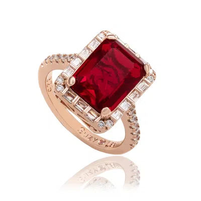 Suzy Levian Rose Sterling Silver Large Emerald-cut Red Cubic Zirconia And Baguette White Cubic Zirconia Halo Rin In Gold