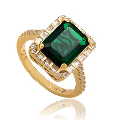 Suzy Levian Rose Sterling Silver Large Emerald-cut Red Cubic Zirconia And Baguette White Cubic Zirconia Halo Rin In Gold