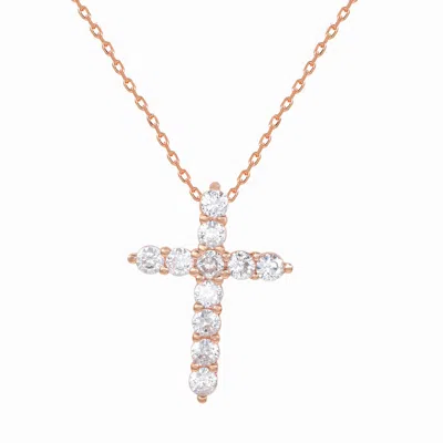 Suzy Levian Rose Sterling Silver White Cubic Zirconia Cross Pendant In Pink
