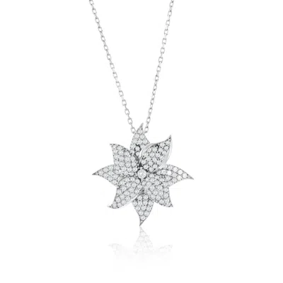Suzy Levian Rose Sterling Silver White Cubic Zirconia Large Pave Flower Pendant