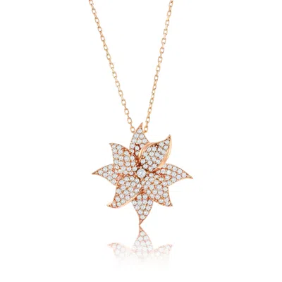 Suzy Levian Rose Sterling Silver White Cubic Zirconia Large Pave Flower Pendant In Gold