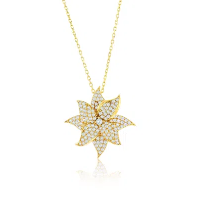 Suzy Levian Rose Sterling Silver White Cubic Zirconia Large Pave Flower Pendant In Gold