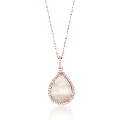 Suzy Levian Rose Sterling Silver White Cubic Zirconia Teardrop Mother Of Pearl Pendant In Gold