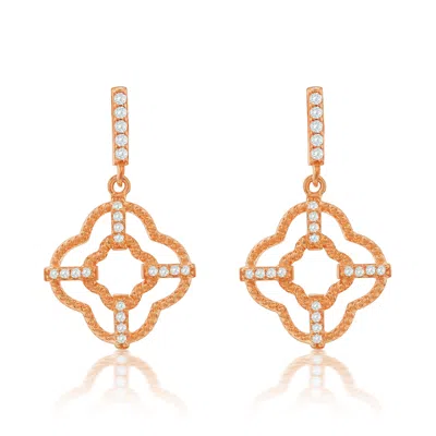 Suzy Levian Rose Sterling Silver White Cubic Zirconia Trellis Filigree Drop Dangle Earrings In Gold