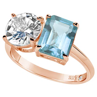 Pre-owned Suzy Levian Rose Sterling Silver White Topaz & Blue Topaz Two Stone Ring