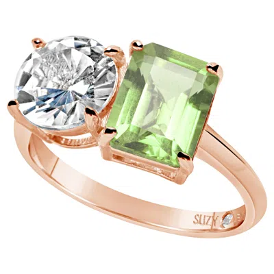 Pre-owned Suzy Levian Rose Sterling Silver White Topaz & Green Amethyst Two Stone Ring