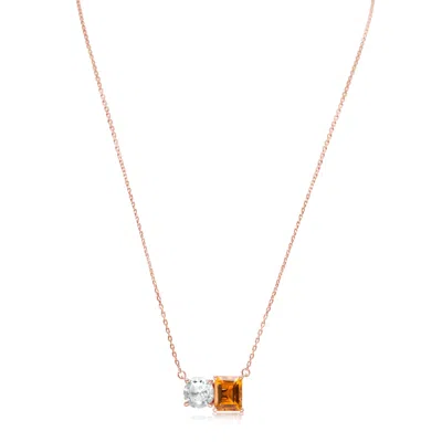 Pre-owned Suzy Levian Rose Sterling Silver White Topaz & Orange Citrine Two Stone Necklace