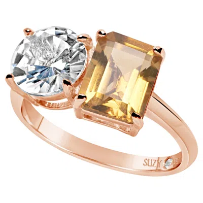 Pre-owned Suzy Levian Rose Sterling Silver White Topaz & Orange Citrine Two Stone Ring