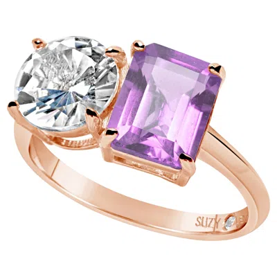 Pre-owned Suzy Levian Rose Sterling Silver White Topaz & Purple Amethyst Two Stone Ring