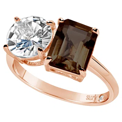 Pre-owned Suzy Levian Rose Sterling Silver White Topaz & Smoky Quartz Two Stone Ring