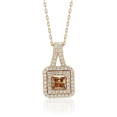 Suzy Levian Rosed Sterling Silver Pink Asscher-cut Cubic Zirconia Multicolor Halo Pendant In Brown