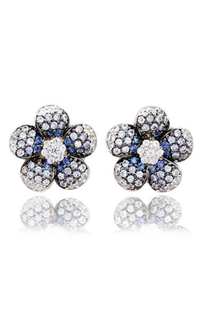 Suzy Levian Sterling Silver Blue Sapphire Created White Sapphire Flower Earrings In Metallic