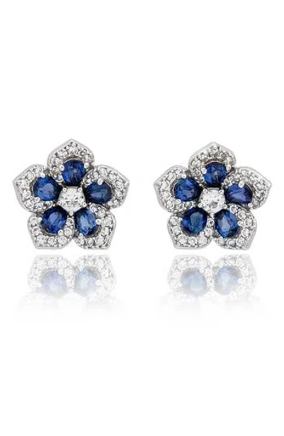 Suzy Levian Sterling Silver Pink Sapphire Created White Sapphire Petite Flower Earrings In Blue
