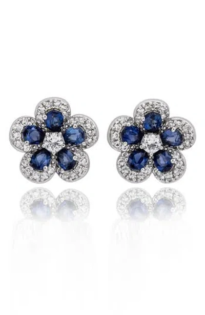 Suzy Levian Sterling Silver Blue Sapphire Created White Sapphire Petite Flower Earrings In Metallic