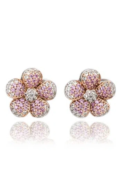 Suzy Levian Sterling Silver Blue Sapphire Created White Sapphire Flower Earrings In Gold