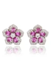 Suzy Levian Sapphire & Diamond Flower Stud Earrings In Silver