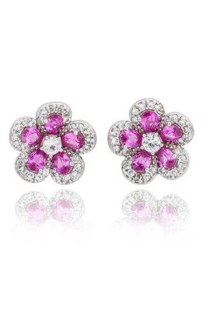 Suzy Levian Sterling Silver Blue Sapphire Created White Sapphire Petite Flower Earrings In Metallic