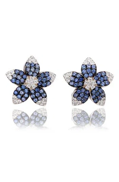 Suzy Levian Sterling Silver Pink Sapphire Created White Sapphire Flower Earrings In Blue