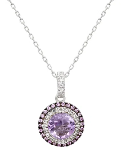 Suzy Levian Silver 0.02 Ct. Tw. Diamond & Gemstone Double Halo Pendant In Metallic