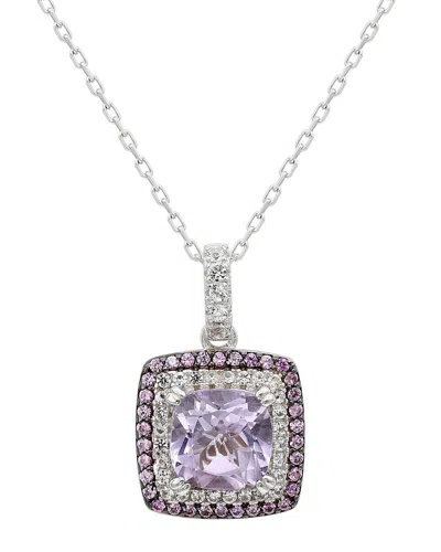 Suzy Levian Silver 0.02 Ct. Tw. Diamond & Gemstone Double Halo Pendant In Metallic