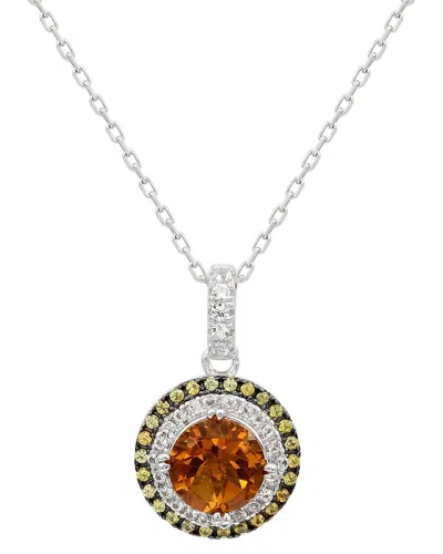 Suzy Levian Sterling Silver Round Cut Orange Citrine And Sapphire Accent Pendant In Metallic